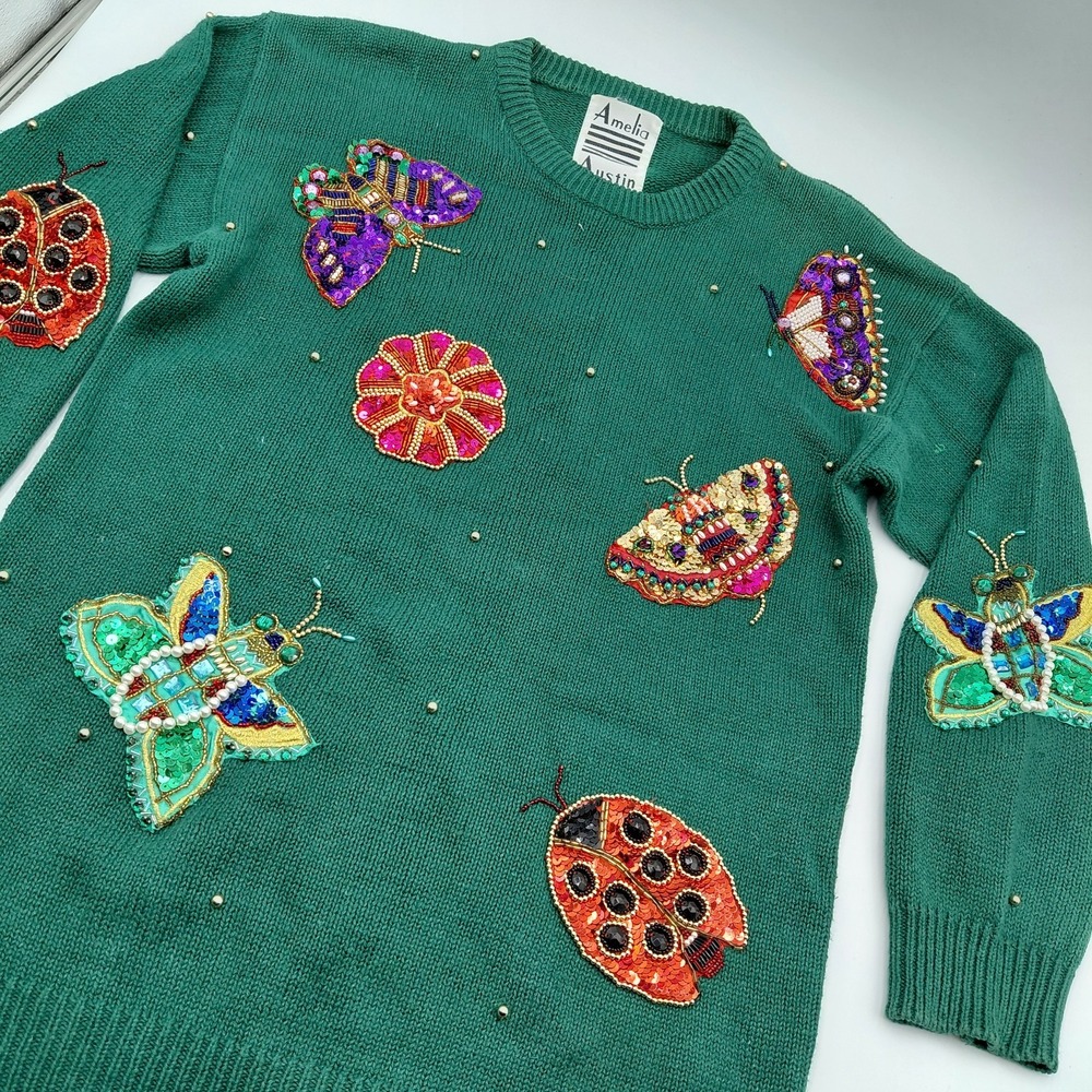 Vtg Amelia Austin 80s Womens M Sequin Sweater‎ Green Ladybug Butterfly Eclectic